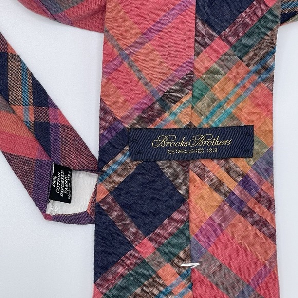 Brooks Brothers Tie 100% Cotton USA Pink Green Orange Plaid 3.75"W x 57.5"L - Picture 3 of 5
